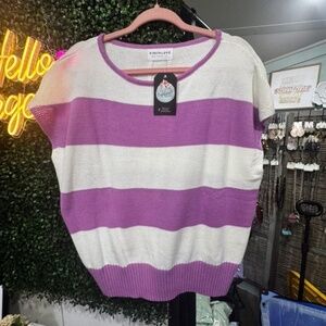 First Love Short Sleeve Stripe Sweater, Purple & White